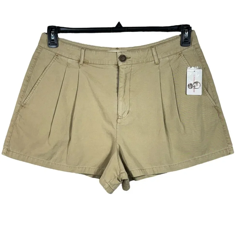 Lucky Brand SZ 14 Pleated Chino Shorts Hi-Rise Pockets Zip-Fly Tan Womens New - Picture 1 of 8